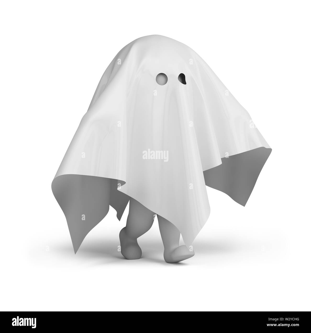 Petit 3d personne dans un costume de fantôme. Image 3d. Isolé sur fond blanc. Banque D'Images