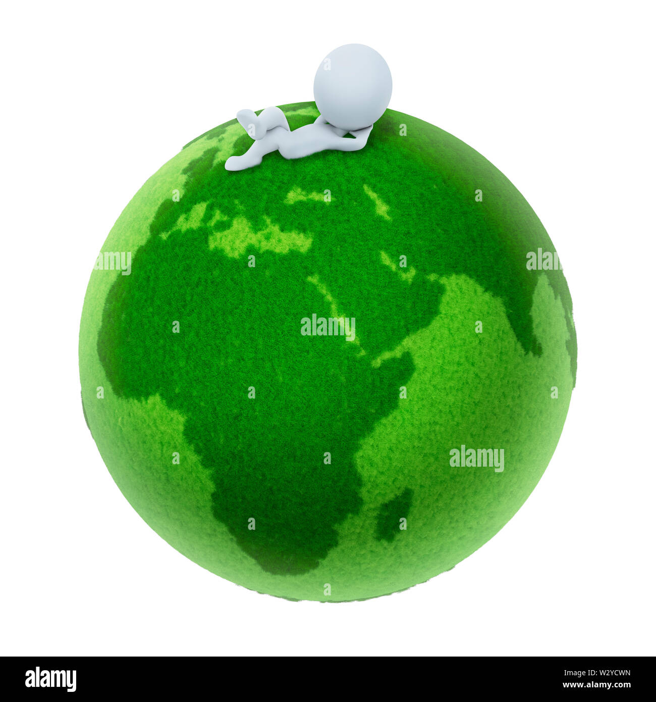 Les petites personnes 3d se trouvant sur une planète verte. Image 3d. Isolé sur fond blanc. Banque D'Images