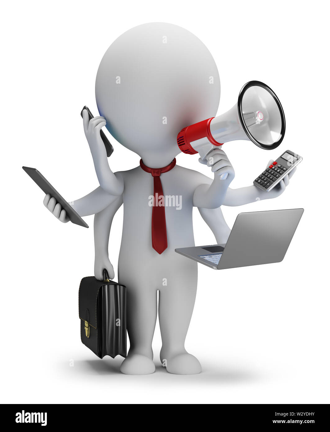 Petite personne 3d'affaires - avec six mains. Image 3d. Arrière-plan blanc. Banque D'Images