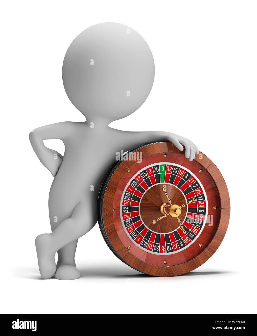 Petit 3d personne debout à côté d'une roulette. Image 3d. Isolé sur fond blanc. Banque D'Images