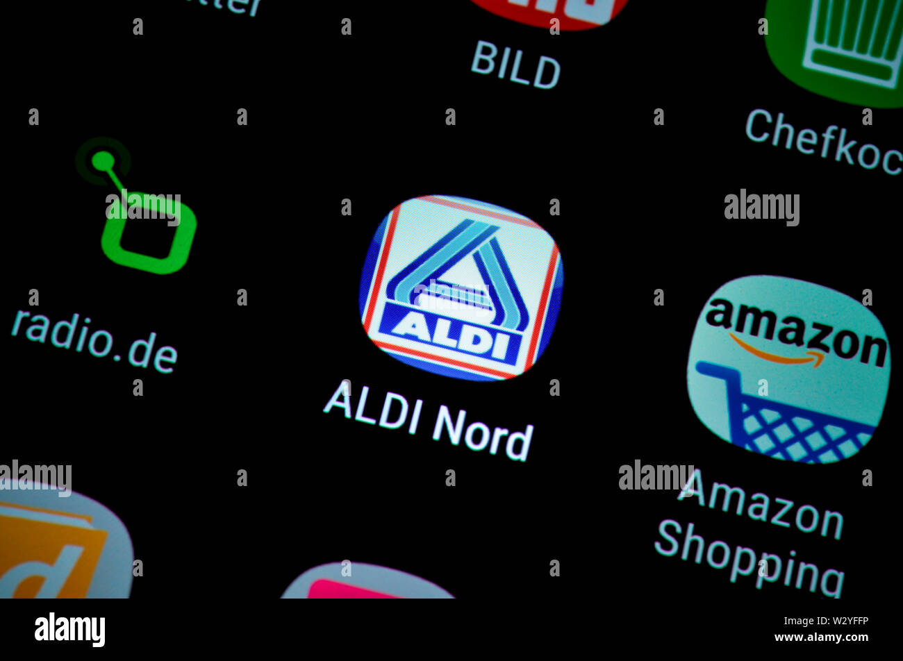 Smartphone, afficher, App, Aldi, Aldi Nord Banque D'Images