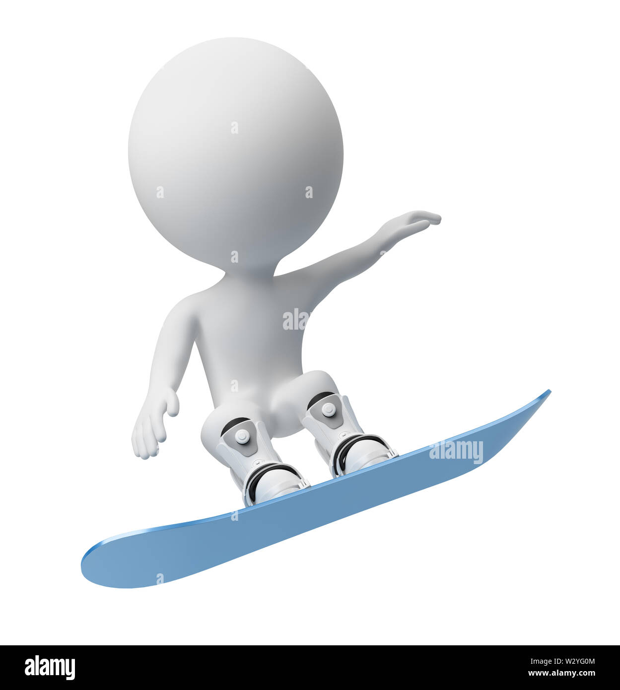 Petit 3d personne voyageant sur un snowboard. Image 3d. Isolé sur fond blanc. Banque D'Images