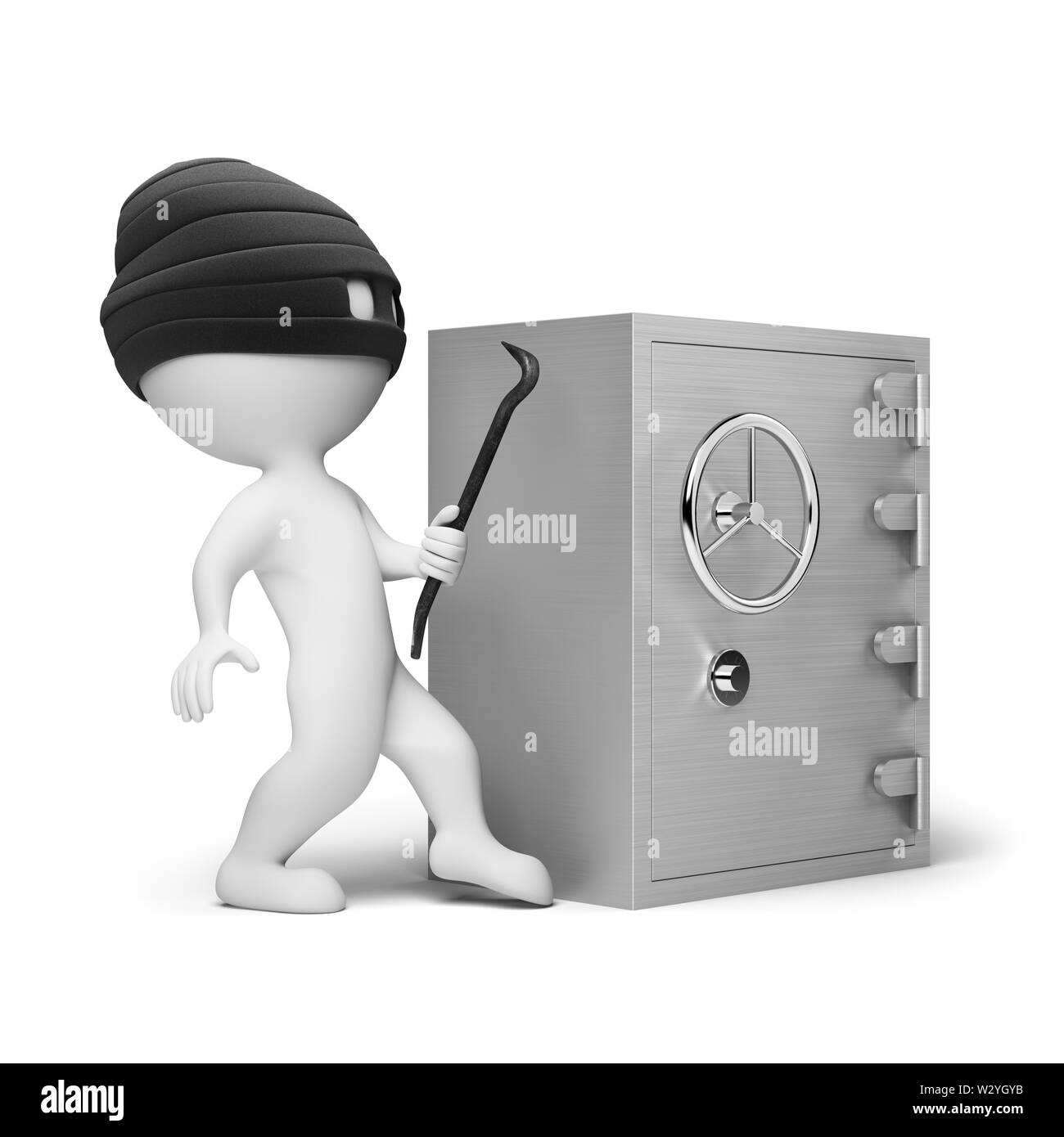 Les petites personnes 3d - voleur dans un masque avec une barre dans les mains, essayant de déchiffrer le coffre-fort. Image 3d. Isolé sur fond blanc. Banque D'Images