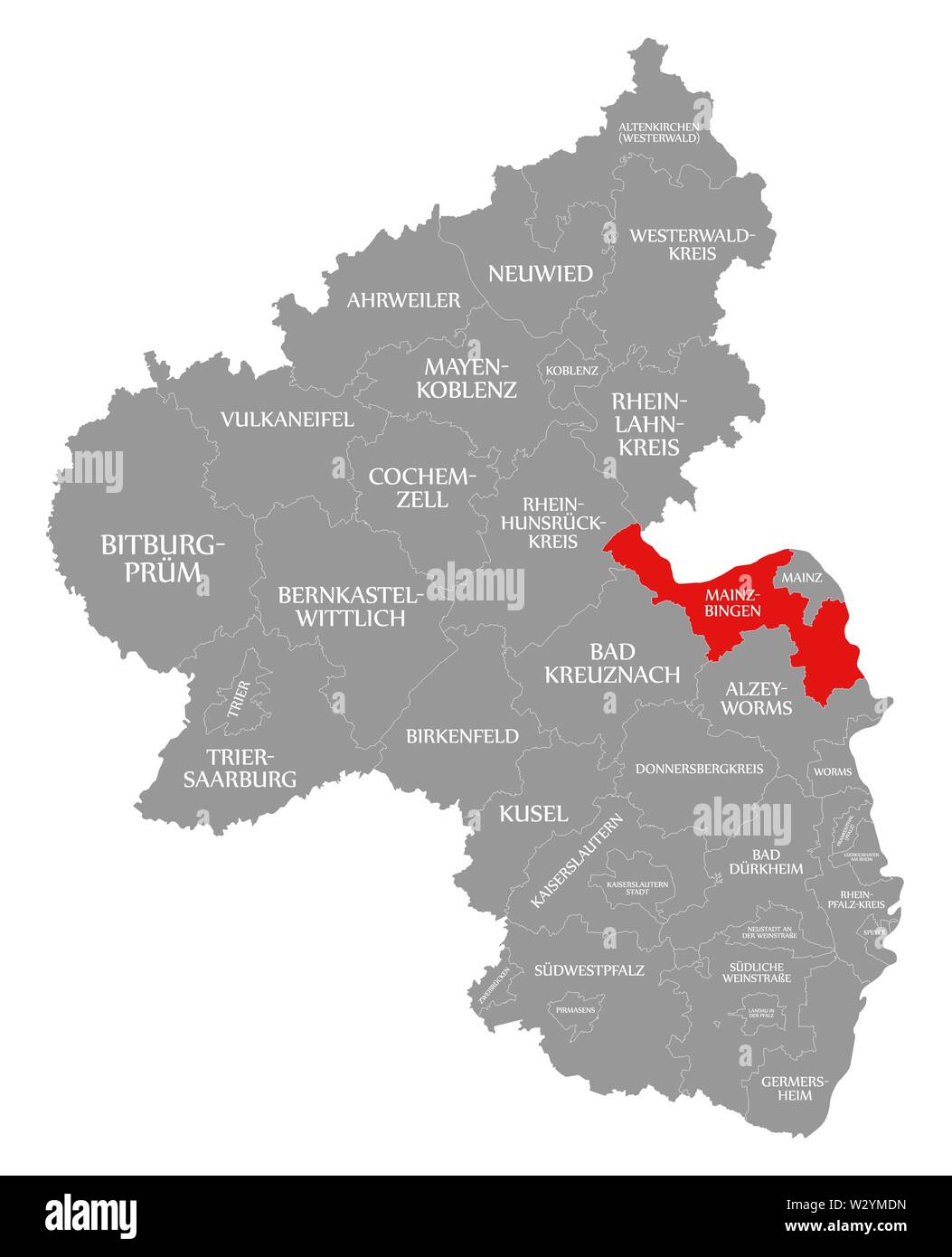 Mainz Bingen a souligné en rouge la carte de Rheinland-pfalz DE Banque D'Images