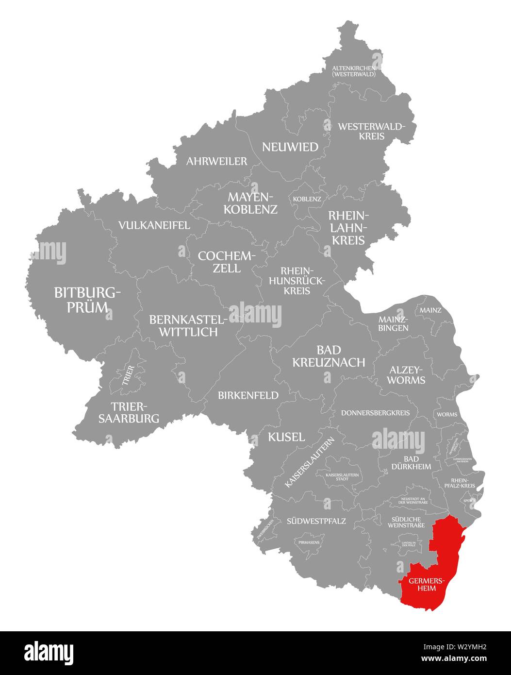Germersheim en évidence dans la carte rouge de Rhénanie Palatinat DE Banque D'Images