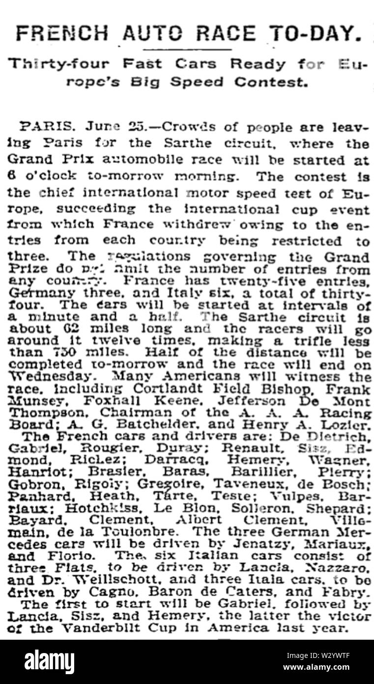 Aujourd'hui Course Auto Français Nytimes 1906 Banque D'Images