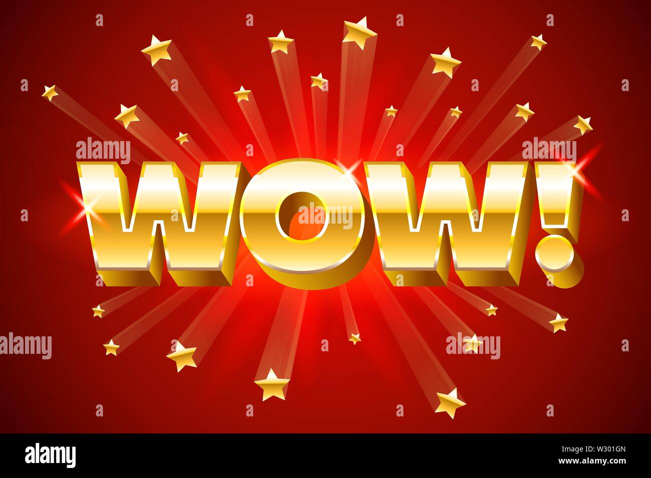 Gold wow inscription sur fond rouge ou une bannière avec des étoiles, émotion expression, vector illustration. Illustration de Vecteur