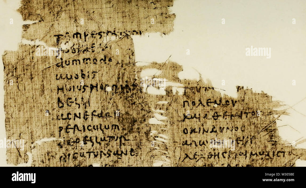 Un papyrus bilingue de Cicero, dans Catilinam 2,15 (P.Ryl. J'ai 61 recto, 5e c.) Banque D'Images