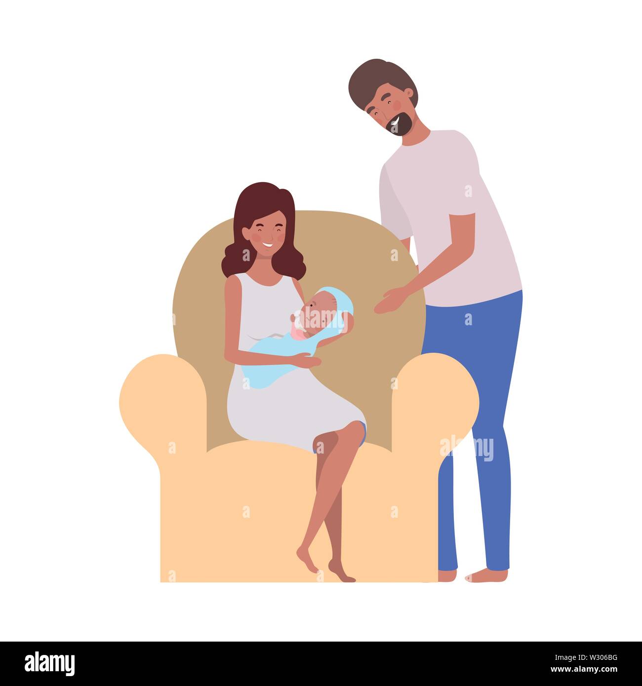 Homme et femme avec bébé nouveau-né sitting on sofa Illustration de Vecteur