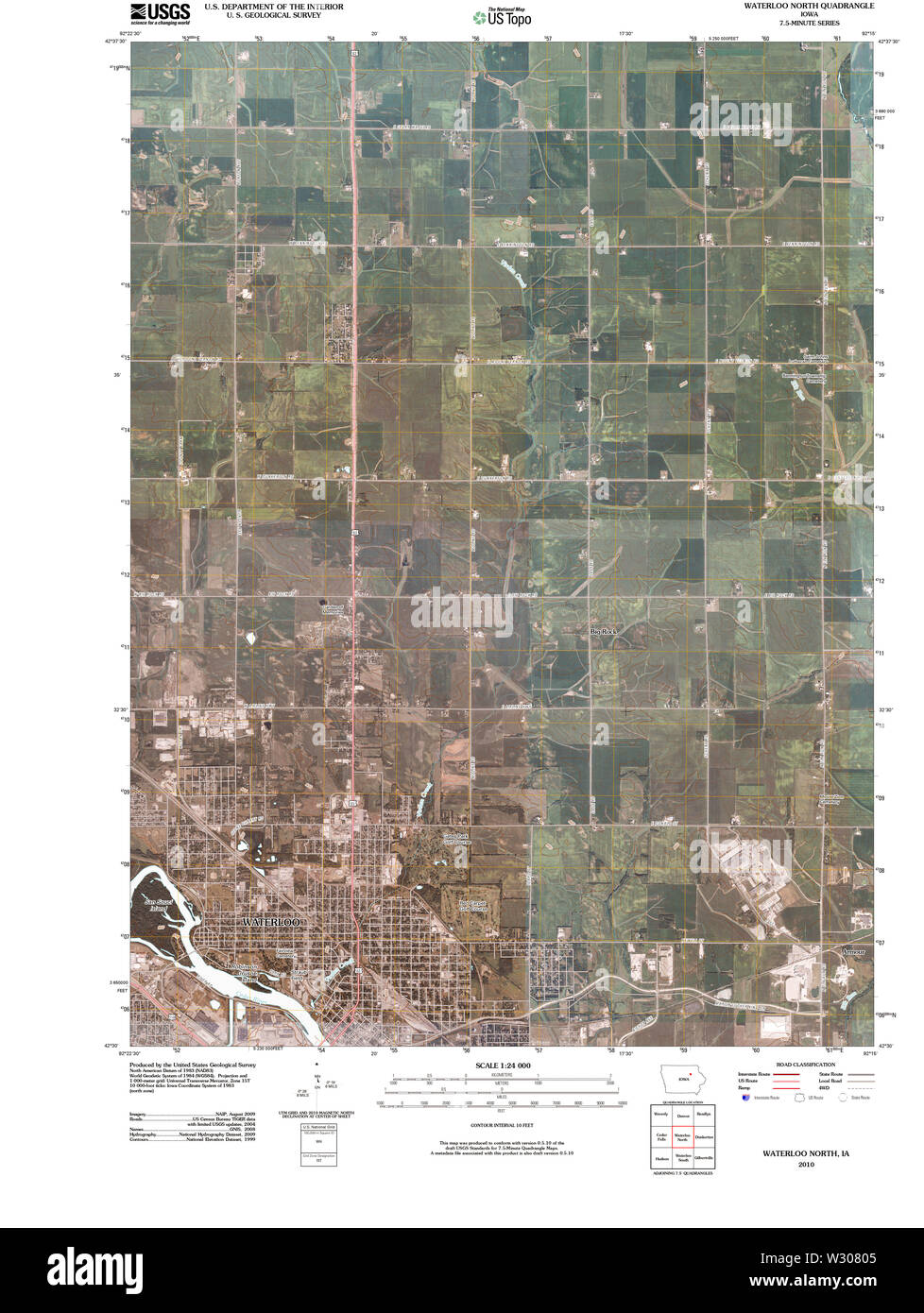 Cartes topographiques USGS IOWA IA Waterloo North 20100517 Restauration TM Banque D'Images