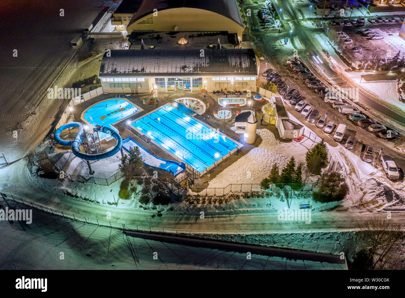 Le Grafarvogur piscine, fête des lumières de l'hiver, Reykjavik, Islande Banque D'Images