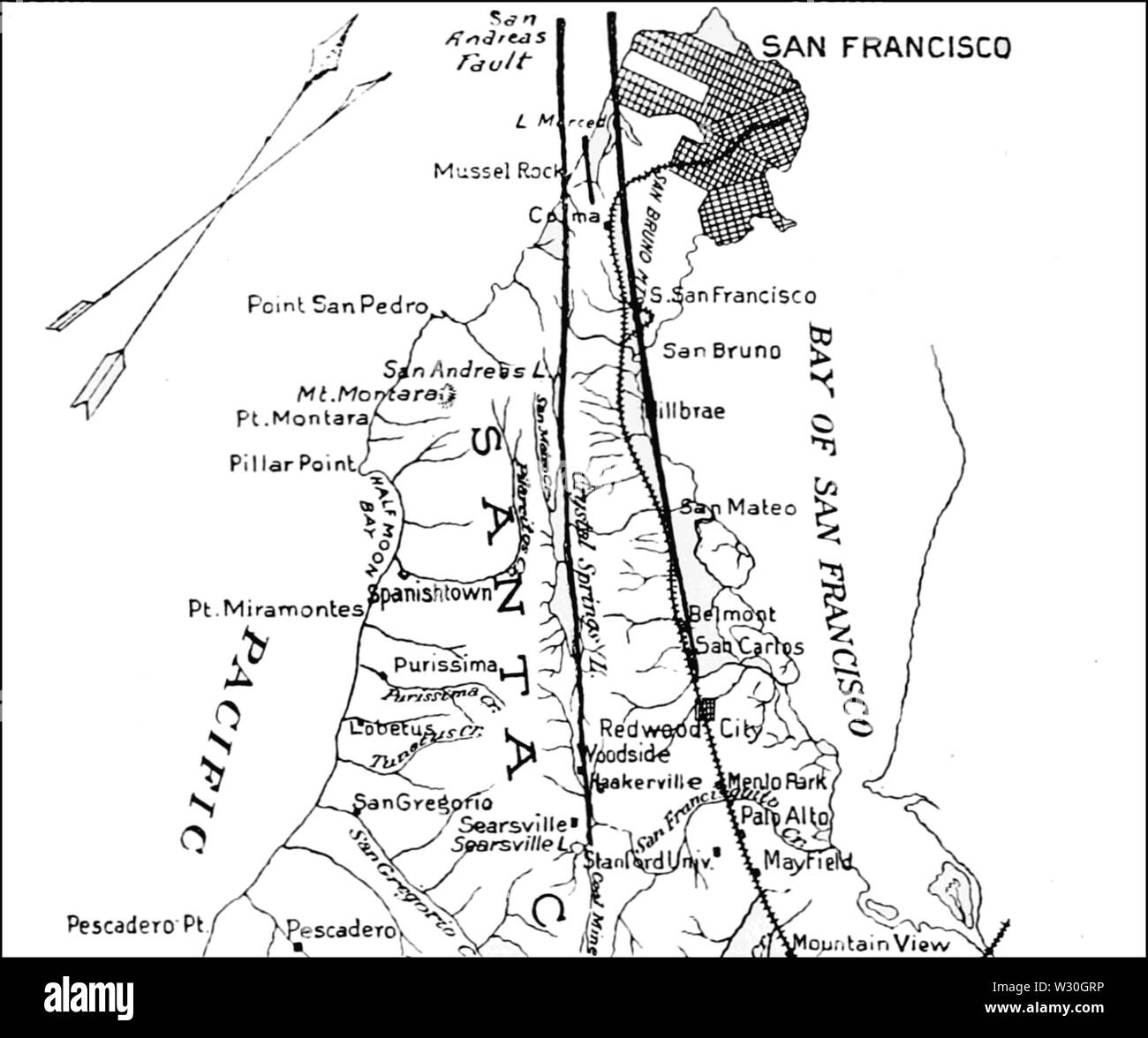 PSM V69 D074 au nord de la péninsule de San Francisco montrant les trois défauts Banque D'Images