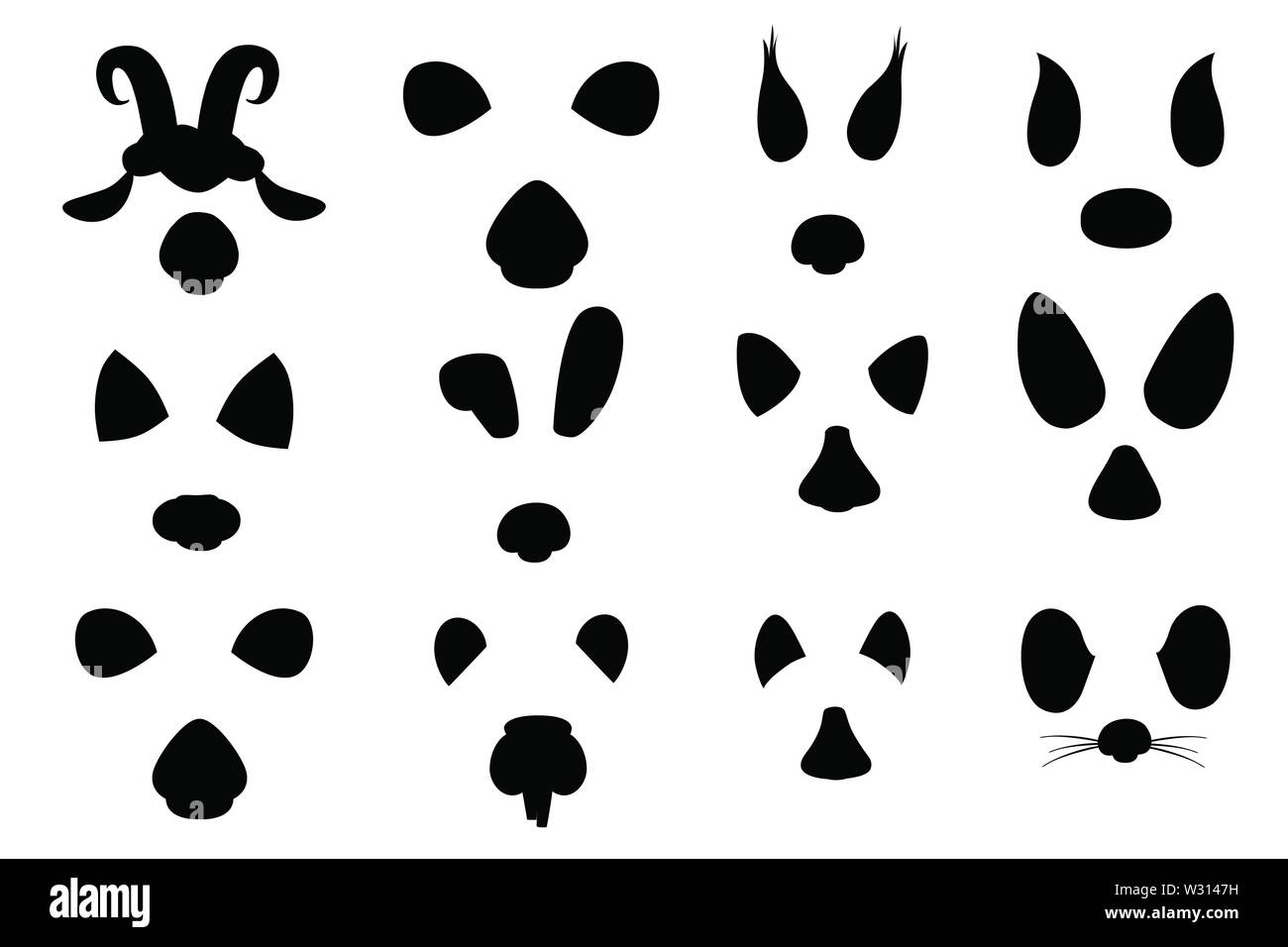 Silhouette noire visage animal cartoon éléments modèle plat, oreilles et nez vector illustration isolé sur fond blanc. Illustration de Vecteur
