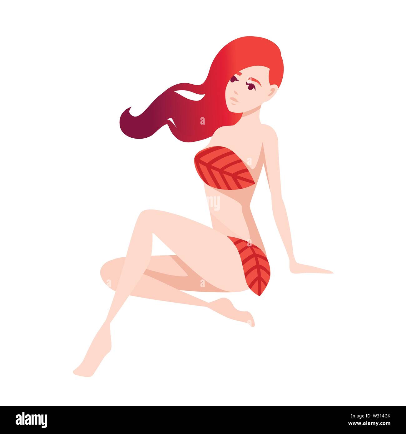 Belle femme la mode s'asseoir sur le sol avec les genoux pliés avec red abstract les cheveux et porter du rouge quitte personnage télévision design illustration vectorielle. Illustration de Vecteur