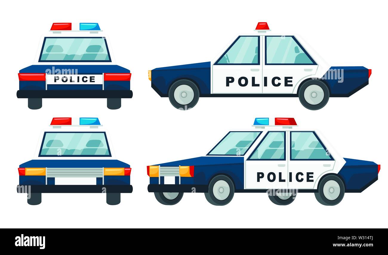 Voitures de police design dessin animé télévision set vector illustration isolé sur fond blanc. Illustration de Vecteur