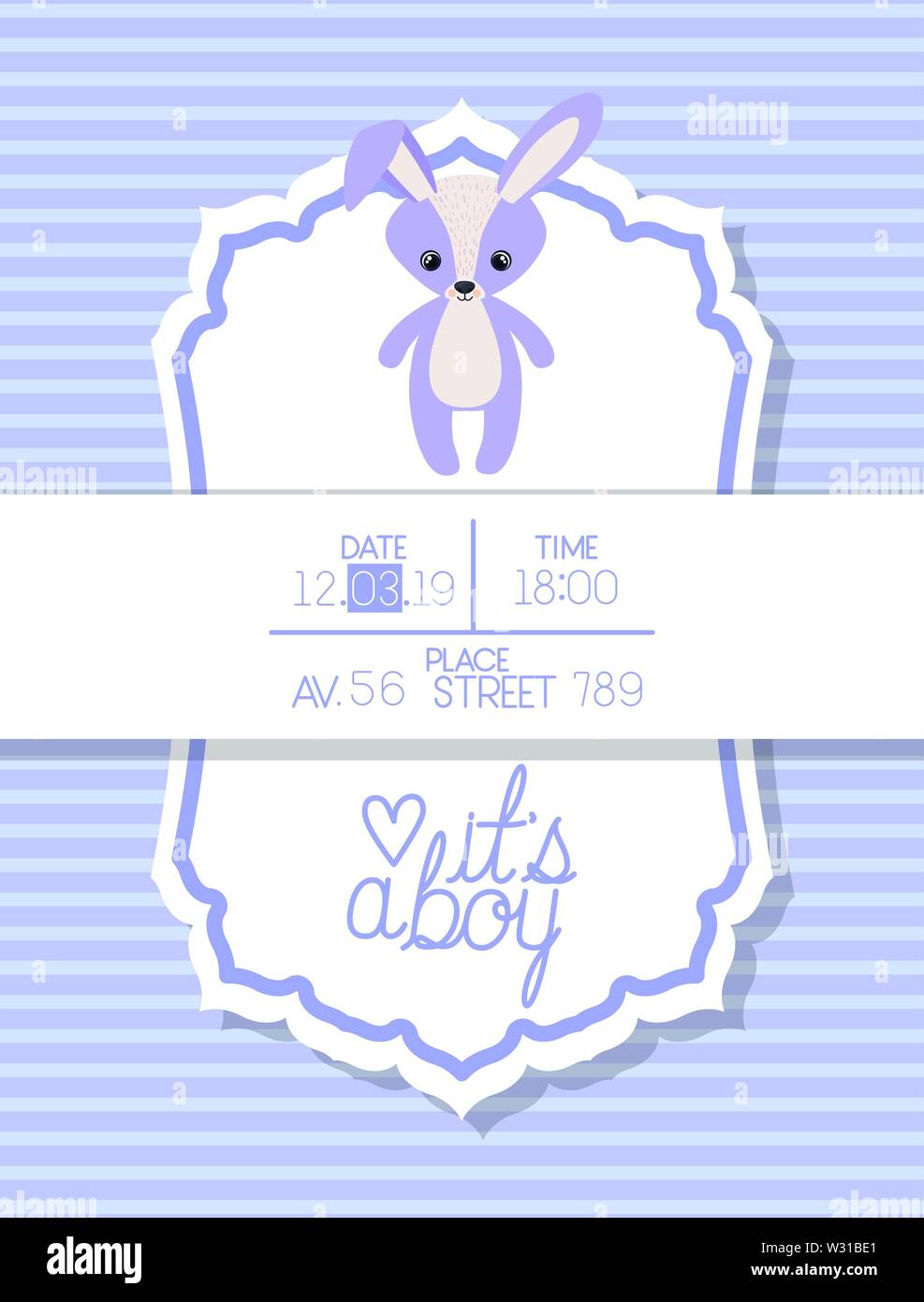 Une douche de bébé garçon sa carte avec peluche lapin Illustration de Vecteur