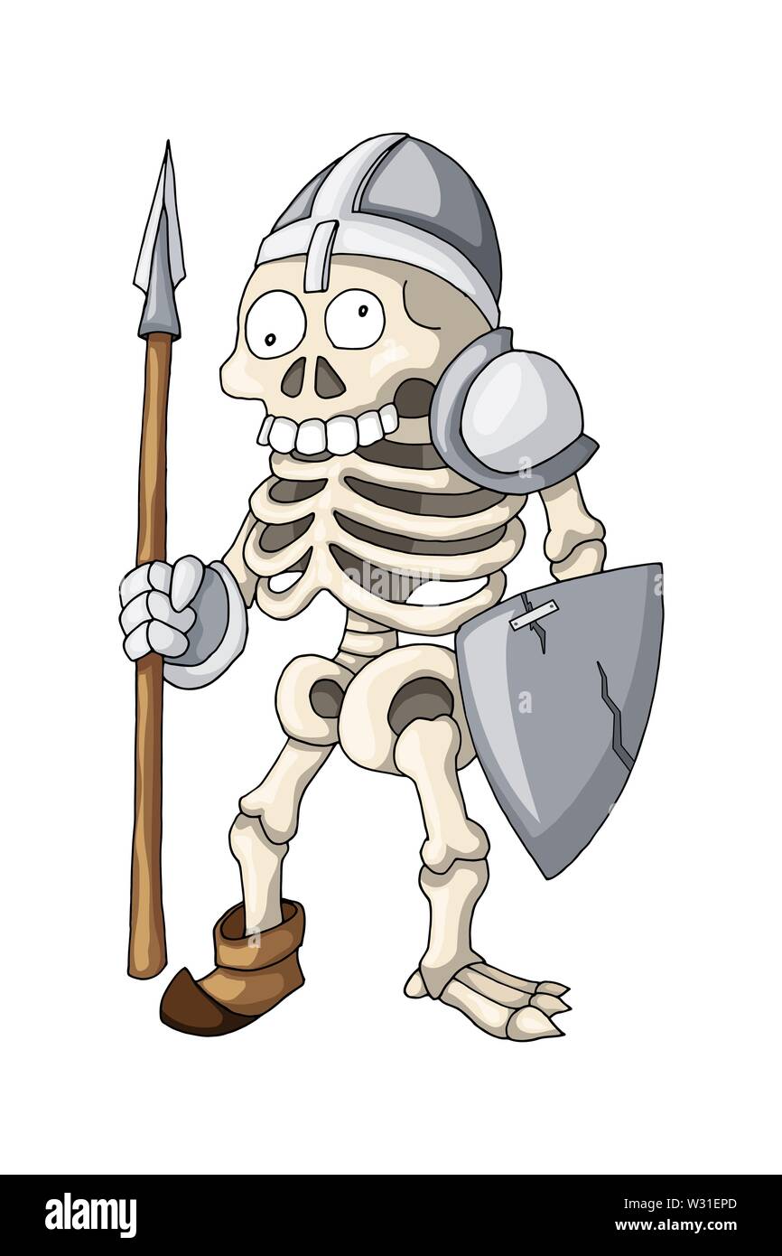 Squelette humain guerrier debout avec lance et le bouclier, personnage Illustration de Vecteur