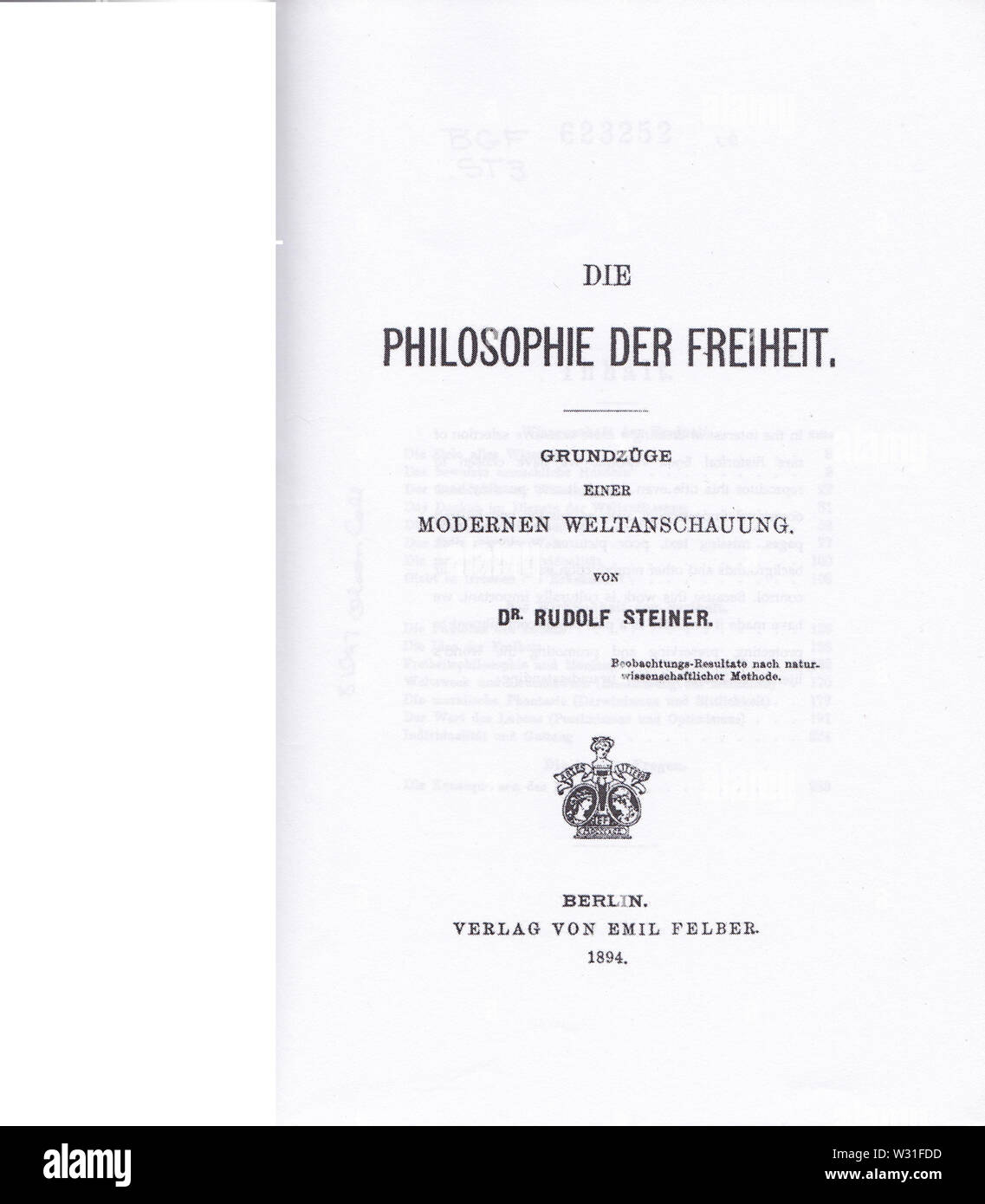 La philosophie de la liberté, première édition, 1894, Page de titre Banque D'Images