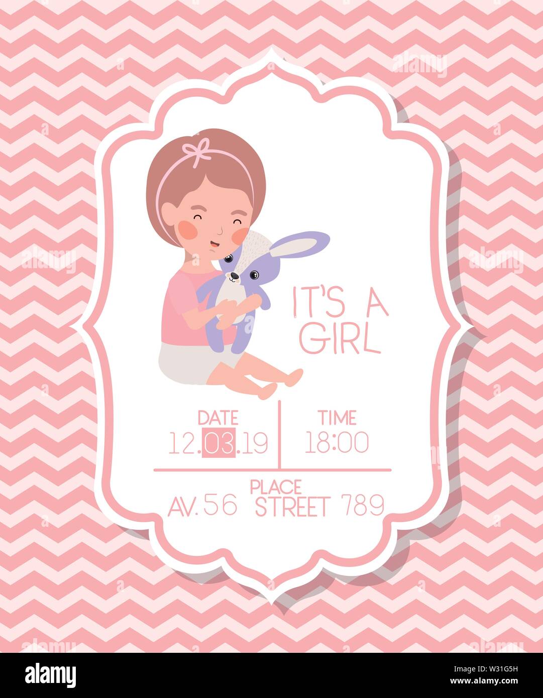 Ses une fille avec carte de douche de bébé et enfant peluche lapin Illustration de Vecteur