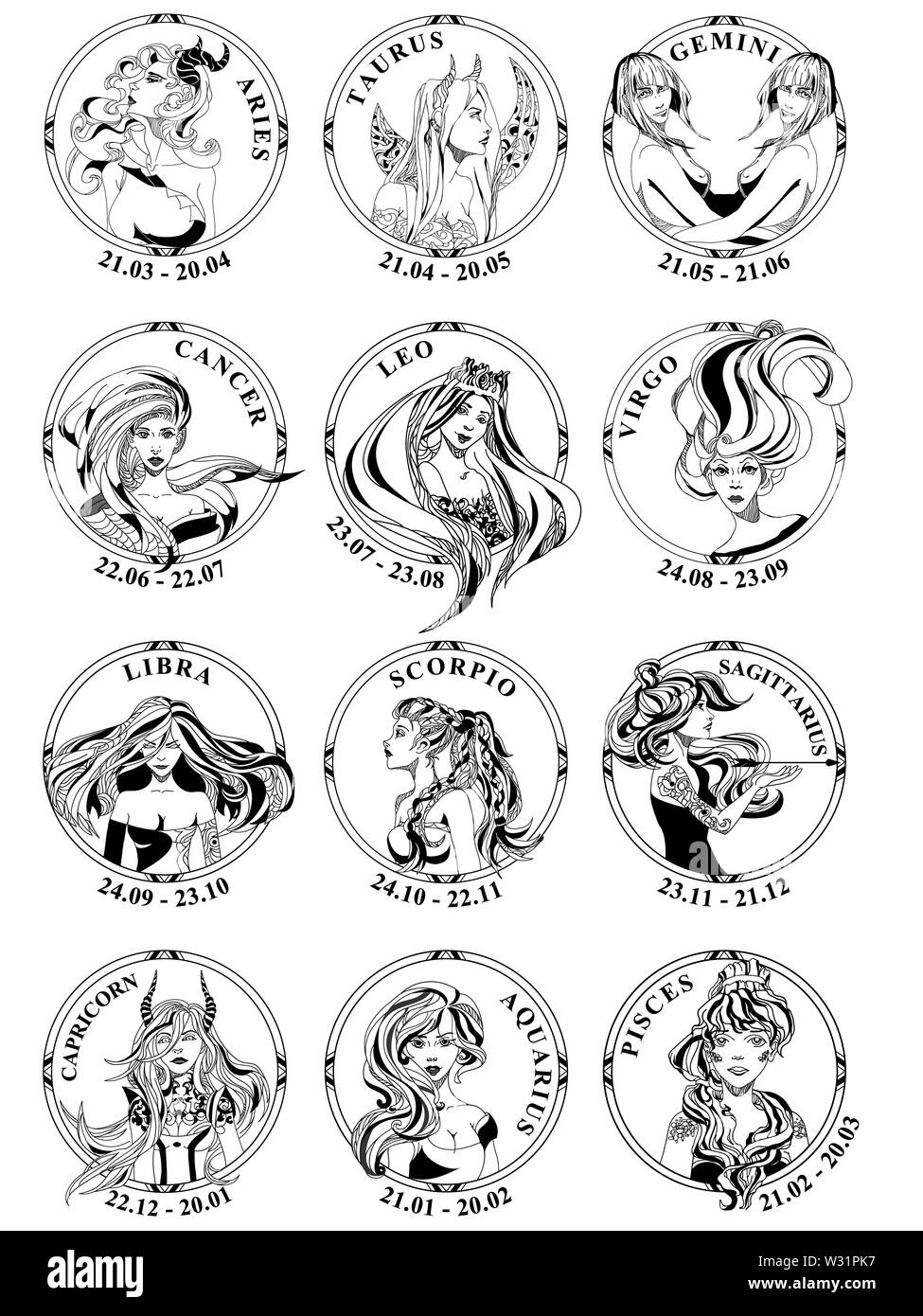 12 signes du zodiaque dans les trames ronde, tous les éléments du feu, de l'aqua, la terre, l'air. Silhouette noir et blanc portrait des filles. Pour la conception de logo, calendrier. Banque D'Images
