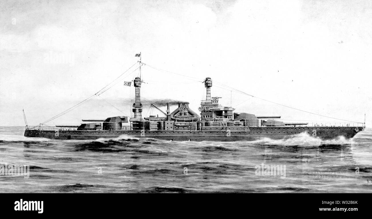 Illustration de F. Muller, vers 1920. Les navires de cette classe, dont la construction a été annulée en 1922, sous les termes de la limitation de la marine, ont été traités : Dakota du Sud (BB-49), Indiana (BB-50), Montana (BB-51), Caroline du Nord (BB-52), Iowa (BB-53) ; Massachusetts (BB-54) ; Banque D'Images