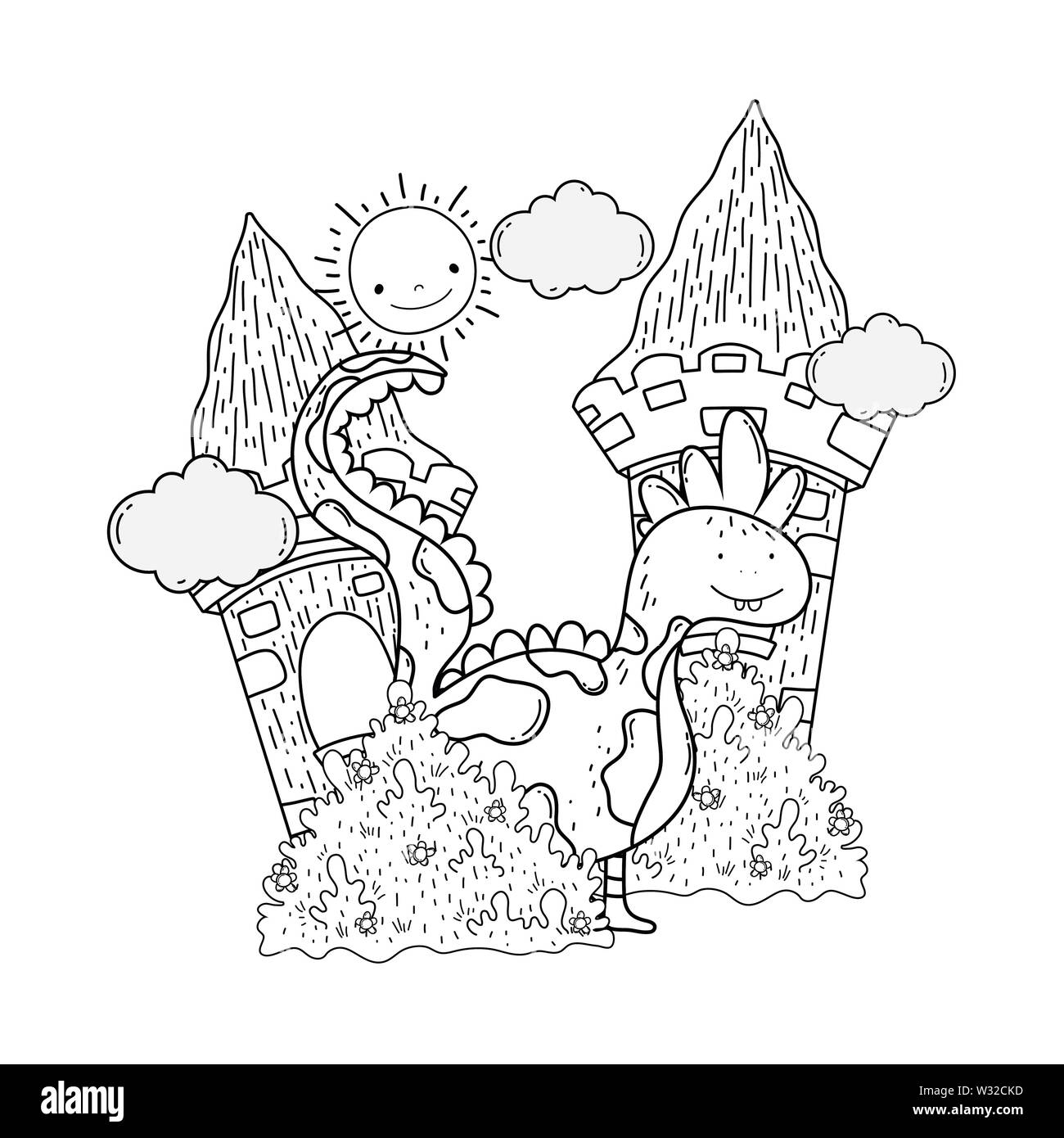 Dinosaure mignon dans la conception d'illustration vectorielle de châteaux Illustration de Vecteur