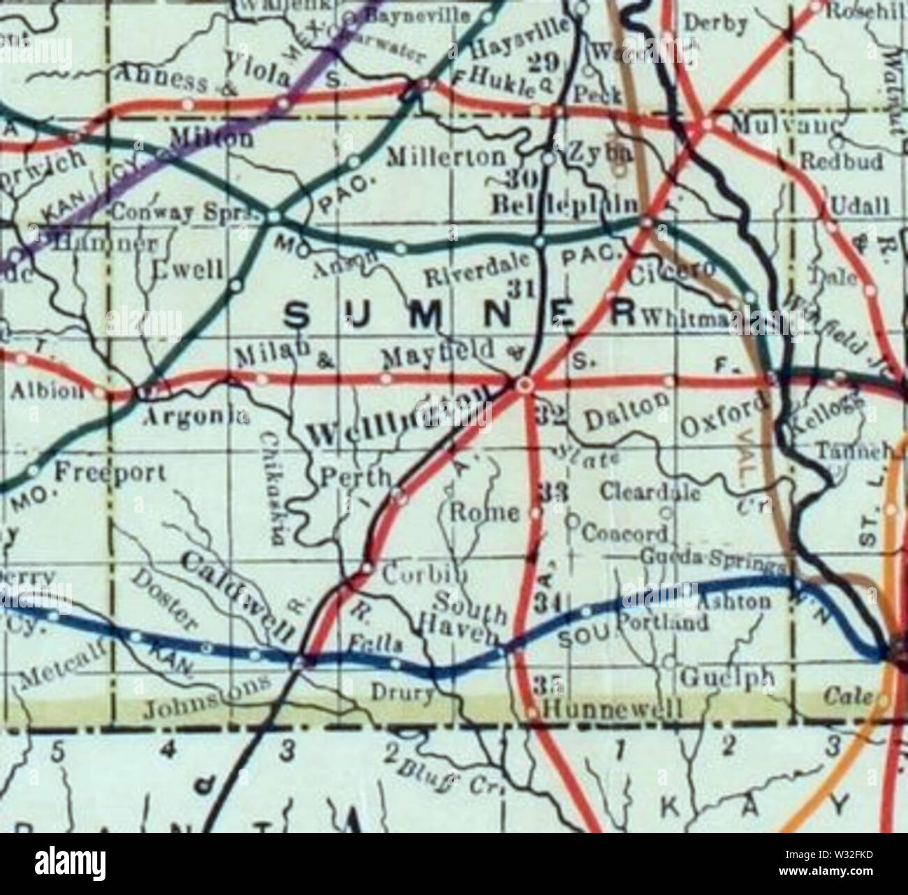 Carte de Stouffer's Railroad Kansas 1915-1918 Sumner County Banque D'Images