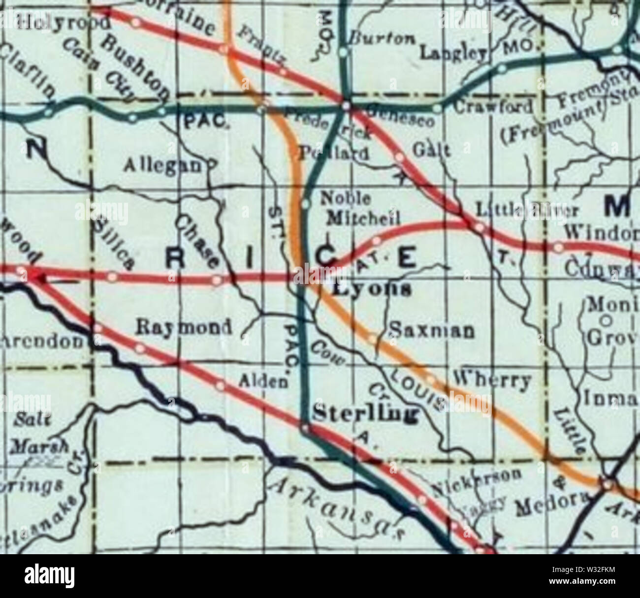 Carte de Stouffer's Railroad Kansas 1915-1918 Rice Comté Banque D'Images