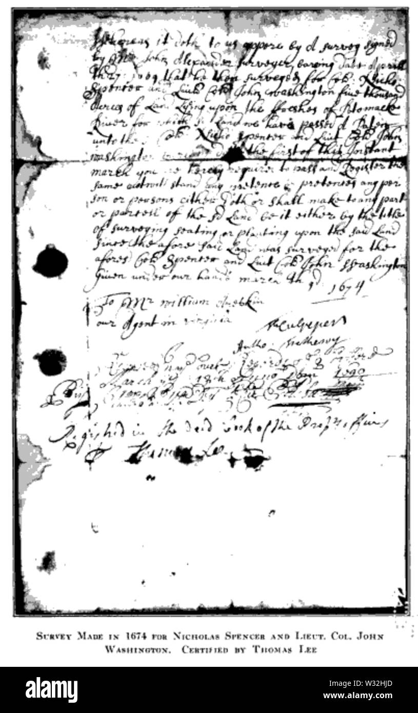 Survey 1674 Col Nicholas Spencer Lieut Col John Washington Banque D'Images
