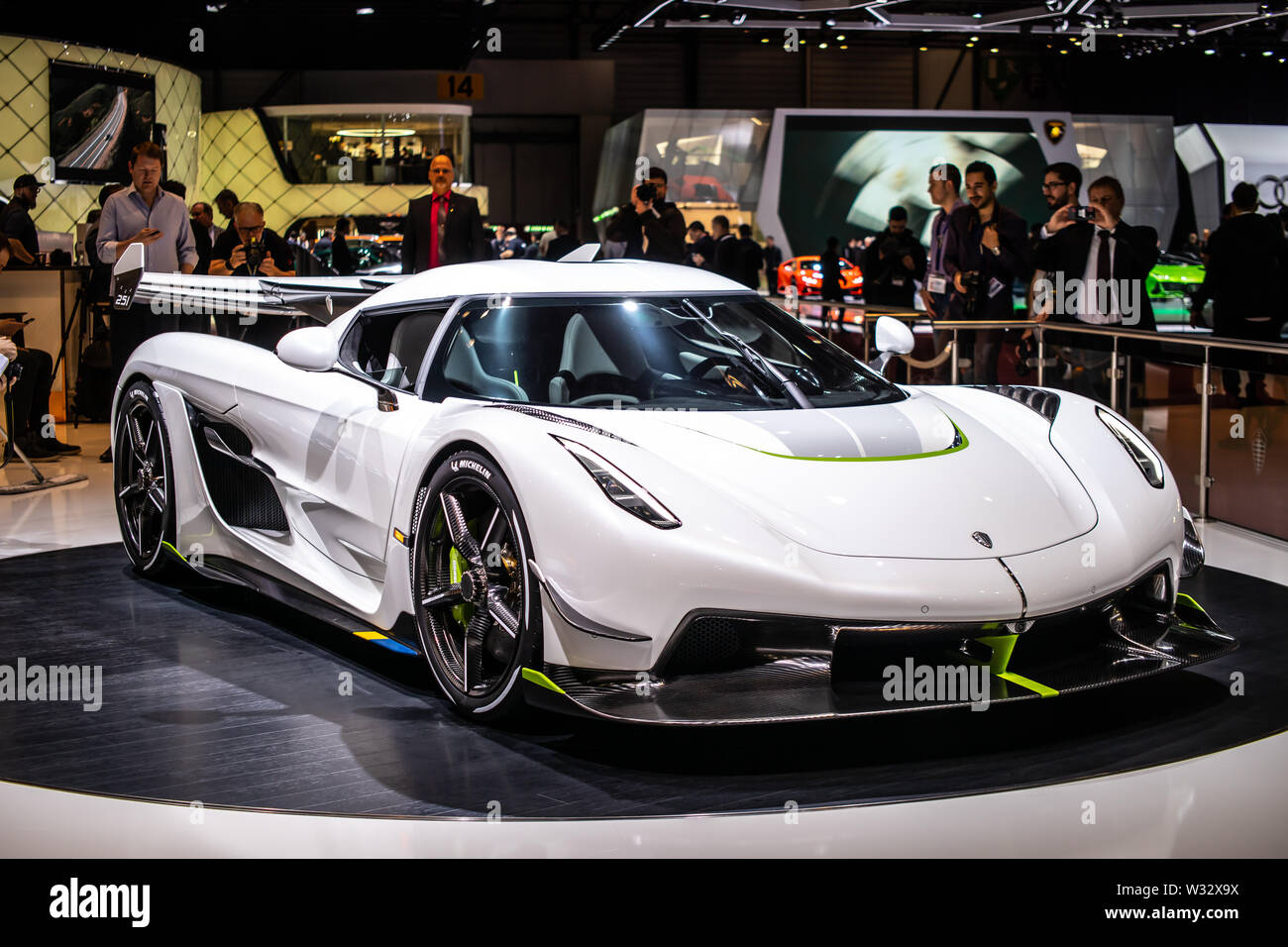 Genève, Suisse, mars 2019 blanc 1965 Jesko métalliques au Salon International de l'automobile, voiture de sport construite par Koenigsegg Automotive AB Banque D'Images