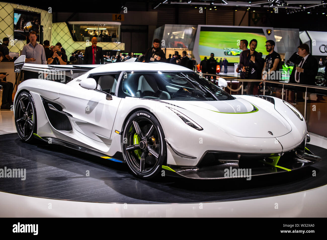 Genève, Suisse, mars 2019 blanc 1965 Jesko métalliques au Salon International de l'automobile, voiture de sport construite par Koenigsegg Automotive AB Banque D'Images