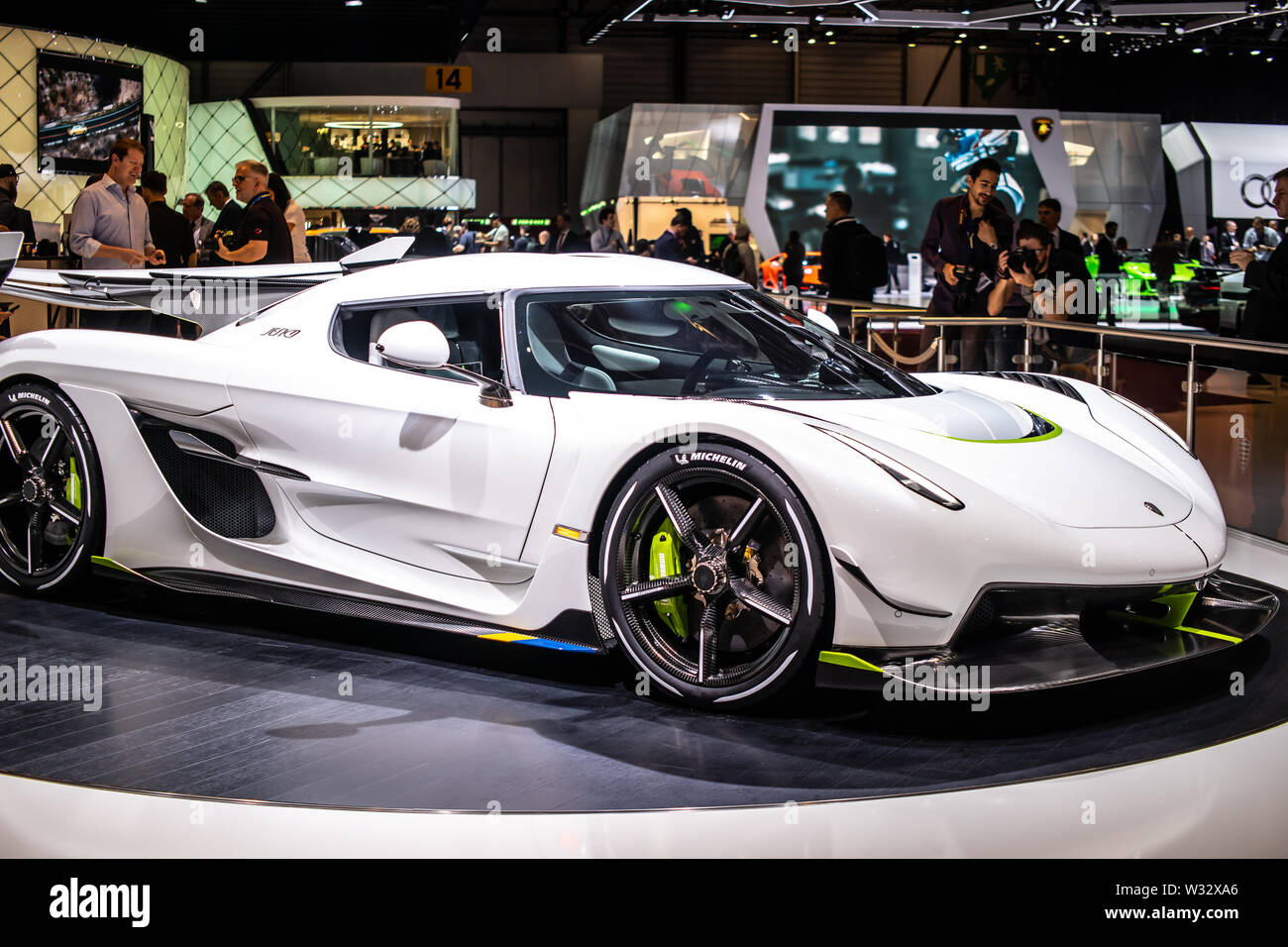 Genève, Suisse, mars 2019 blanc 1965 Jesko métalliques au Salon International de l'automobile, voiture de sport construite par Koenigsegg Automotive AB Banque D'Images