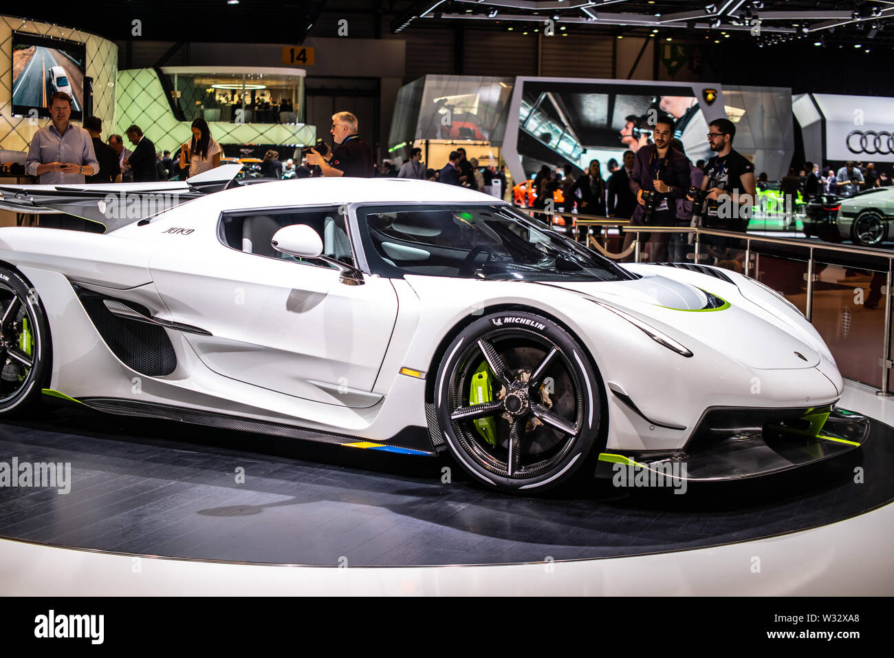 Genève, Suisse, mars 2019 blanc 1965 Jesko métalliques au Salon International de l'automobile, voiture de sport construite par Koenigsegg Automotive AB Banque D'Images