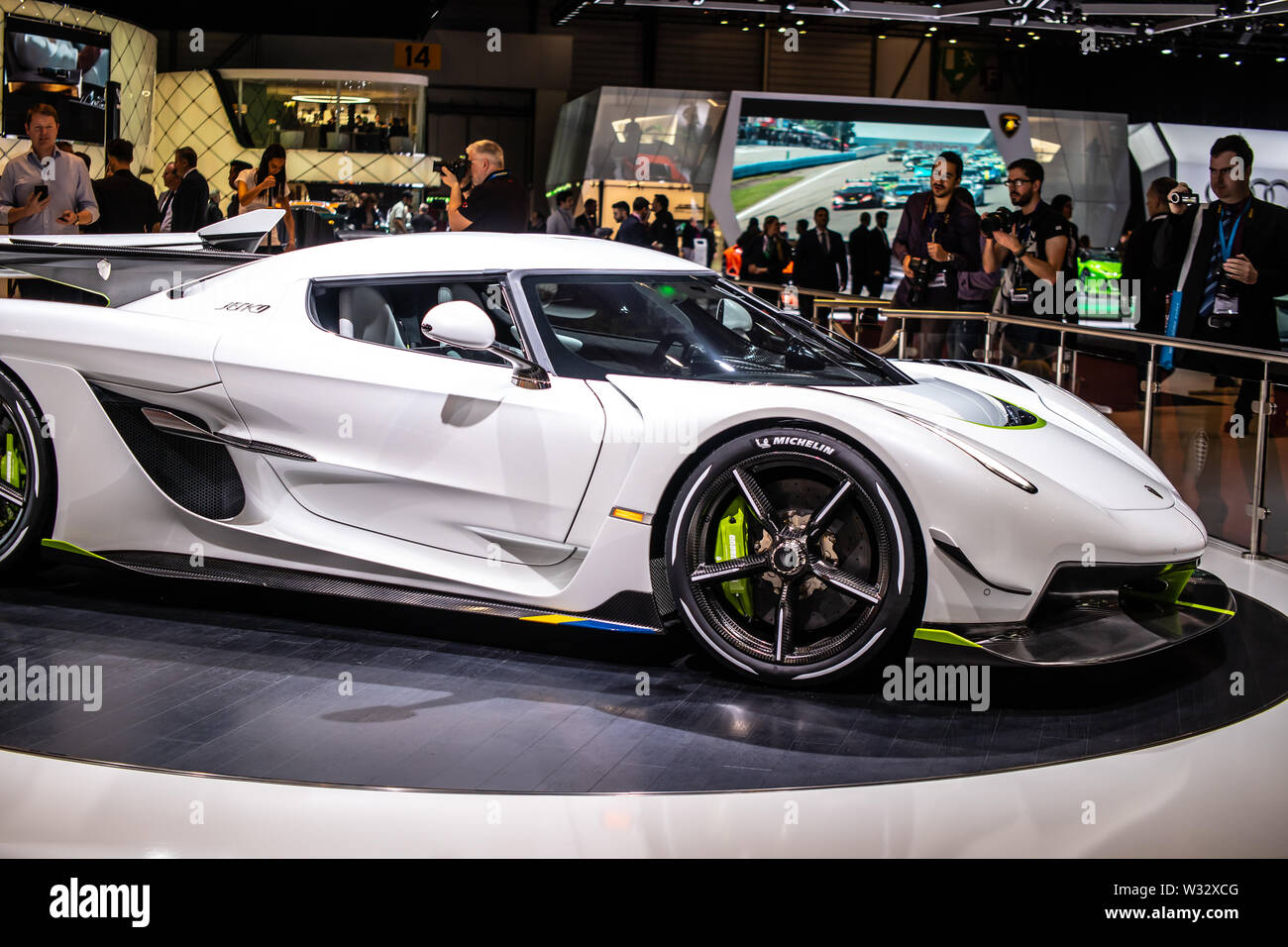 Genève, Suisse, mars 2019 blanc 1965 Jesko métalliques au Salon International de l'automobile, voiture de sport construite par Koenigsegg Automotive AB Banque D'Images