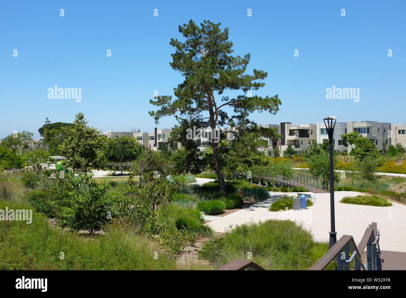IRIVNE, CALIFORNIE - Juillet 11, 2019 : Nouvelles maisons bordent le Grand Parc Bosque, un espace ouvert avec des sentiers pour piétons et vélos avec aménagement paysager indigènes Banque D'Images