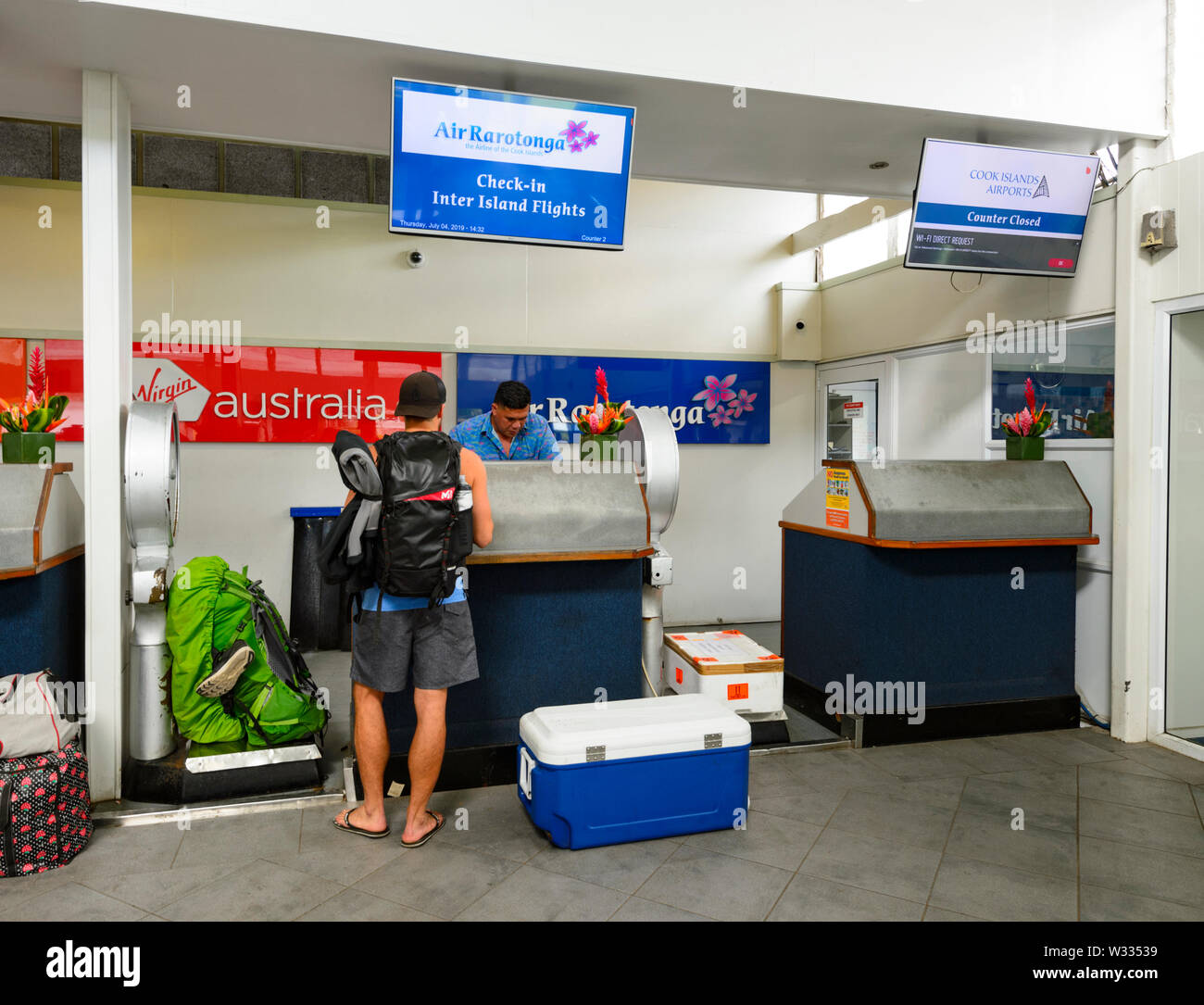 Rarotonga Air check-in d'un bureau à l'aéroport de Rarotonga, îles Cook, Polynésie Française Banque D'Images