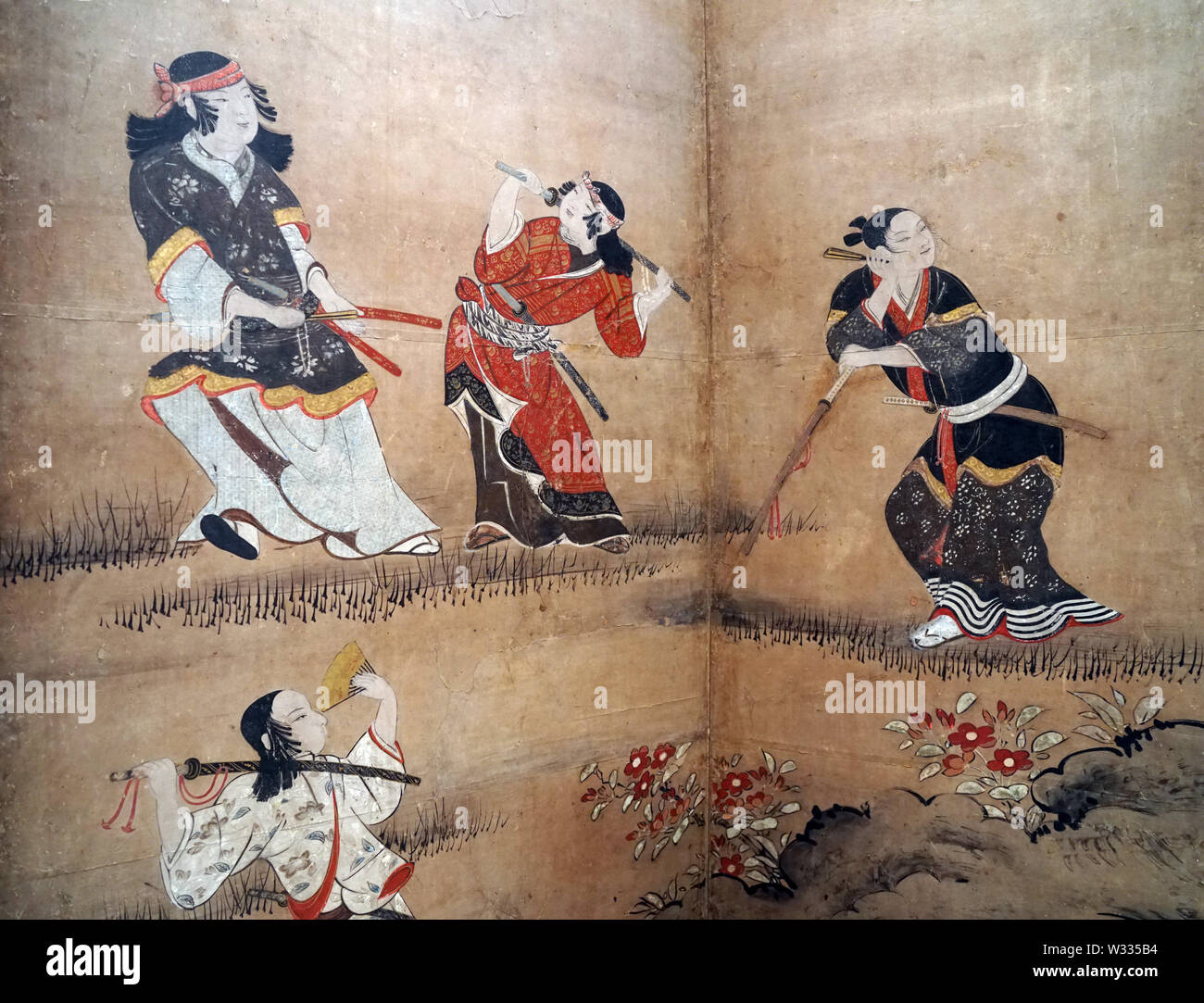 Revels dans Cerisiers (détail), par Kano Naganobu, couleur sur papier, période Edo, 17e siècle Banque D'Images