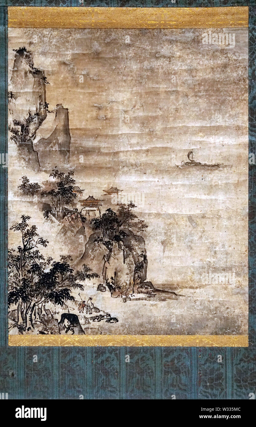 Lac et Montagne Paysage (Sansuizu Gakuo Zokyu), par la lumière, l'encre et couleur sur papier, la période Muromachi, 15e siècle Banque D'Images