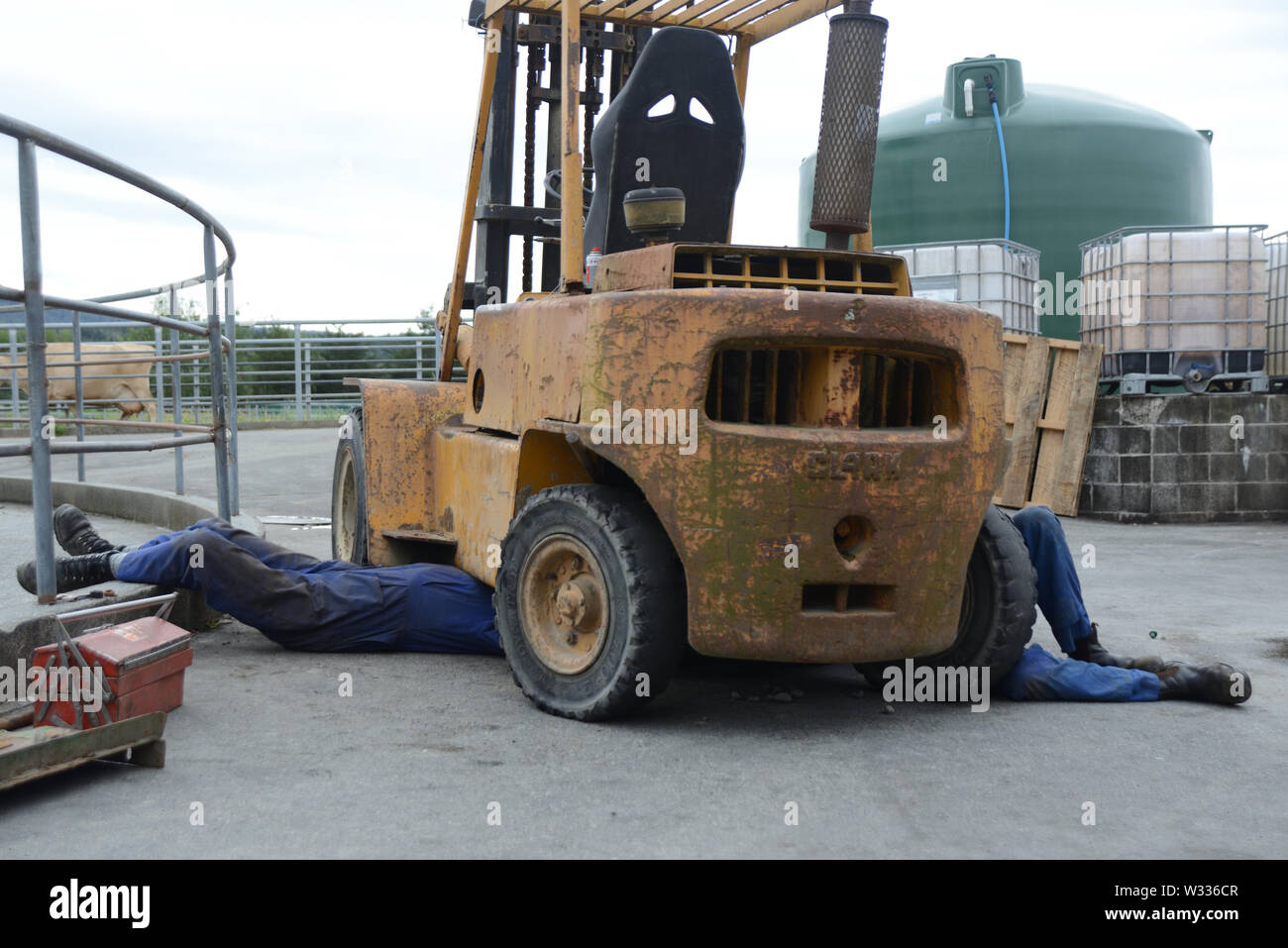Deux mécaniciens travailler sous un chariot stationné jusqu'à une cour laitiers Banque D'Images