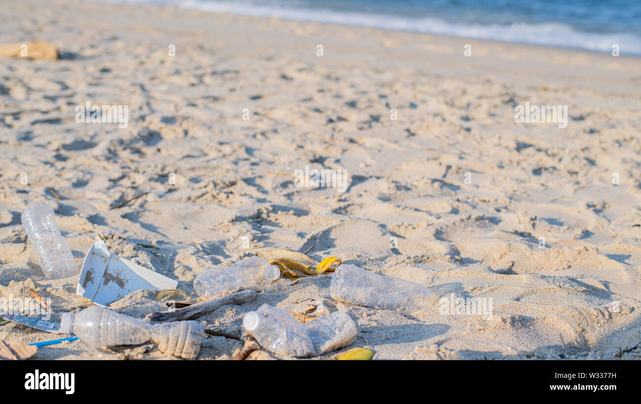 Déchets et les bouteilles en plastique sur la plage. La pollution de l ...
