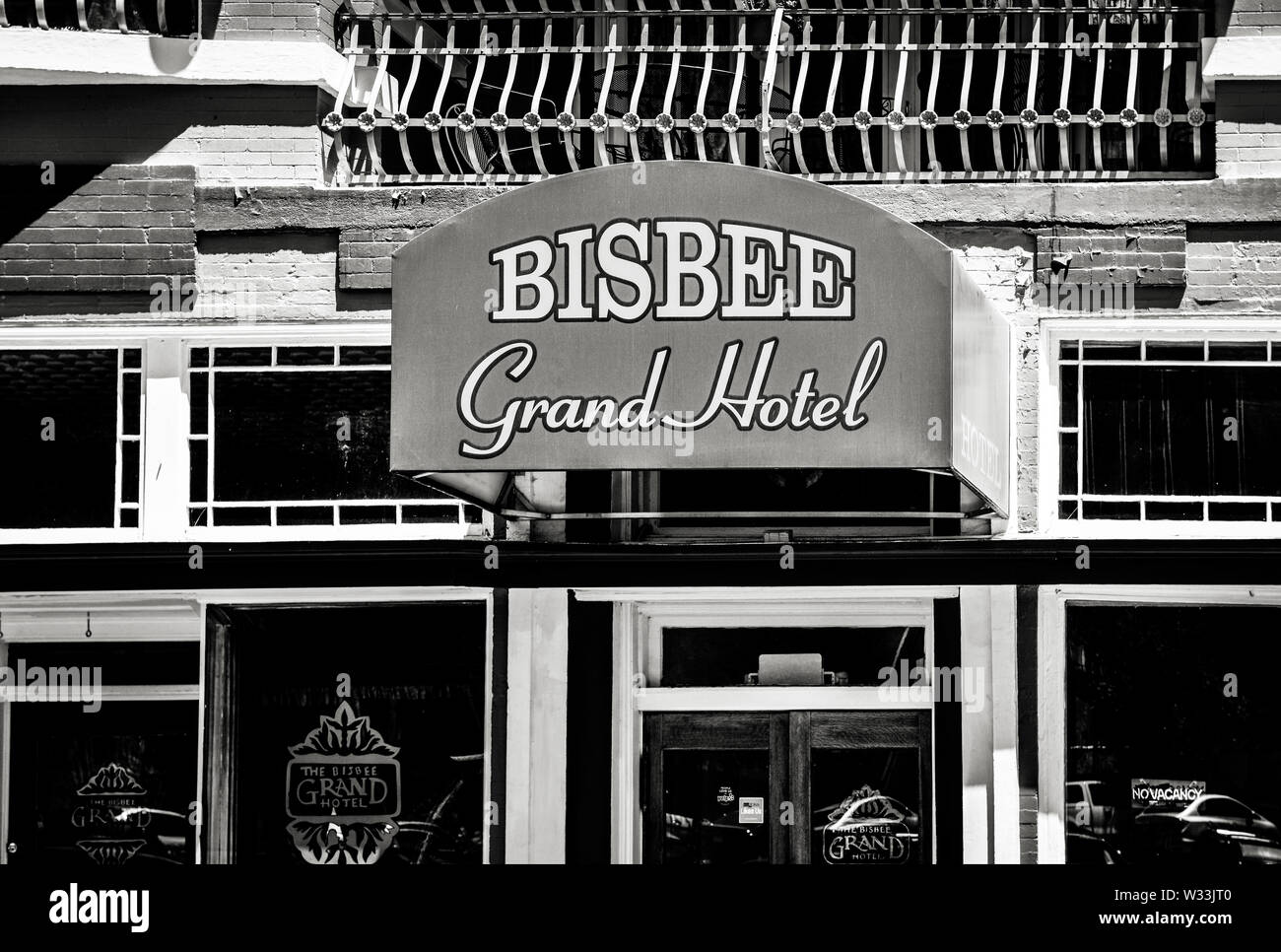 De près de l'awing distinctif sur l'entrée de l'Bisbee Grand Hotel au coeur de petite ville du nord, Bisbee, Arizona, USA Banque D'Images