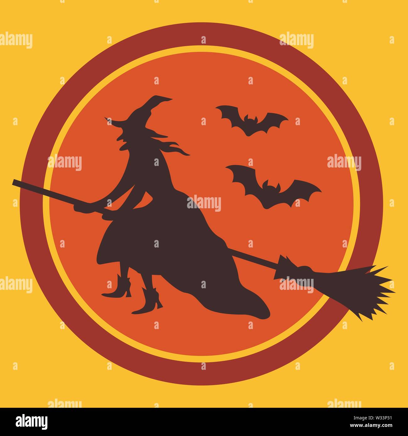 Sorcière sur balai et silhouettes de chauves-souris contre lune Illustration de Vecteur