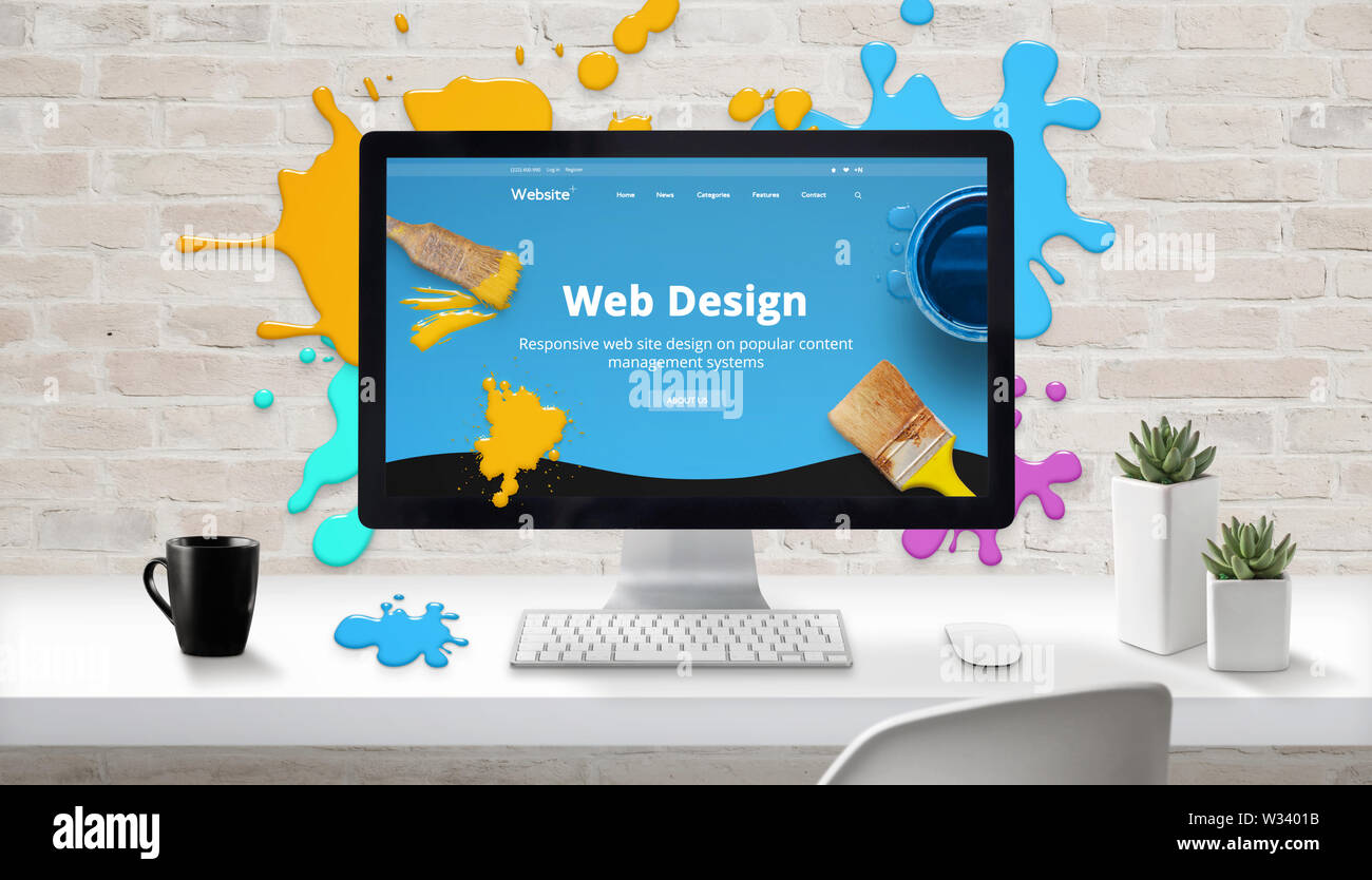 Web design concept. Site web sur l'écran de l'ordinateur entourée de broussailles gouttes de couleur. Banque D'Images