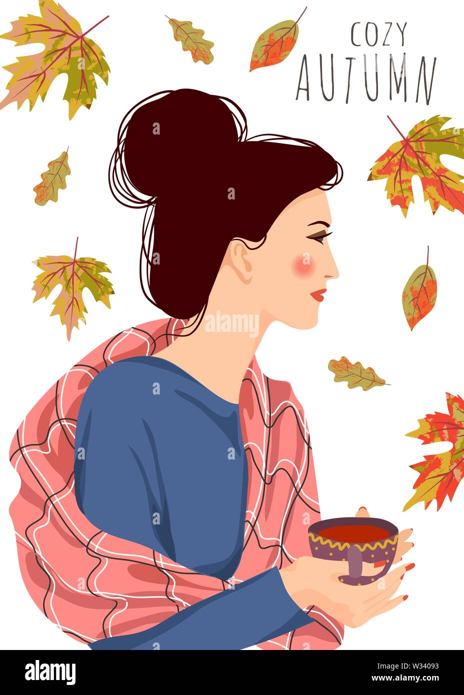 Ambiance de l'automne. Cute vector illustration de femme avec une tasse de thé et les feuilles qui tombent sur un fond blanc Illustration de Vecteur