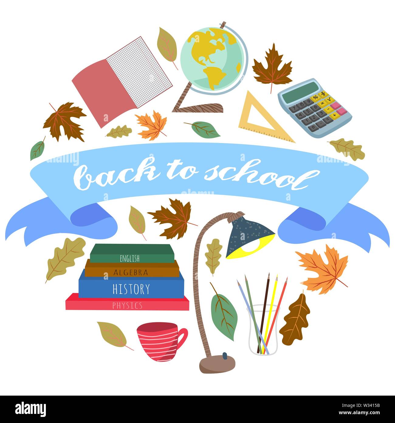 Retour à l'école. Vector set ronde plate avec le ruban, de papeterie, de livres et d'autres sur un fond blanc Illustration de Vecteur