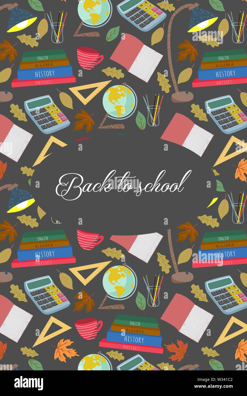 Retour à l'école. Cute vector illustration pour poster, l'arrière-plan, une bannière ou une carte, dessin libre avec la papeterie, livres et autres sur une sombre Illustration de Vecteur