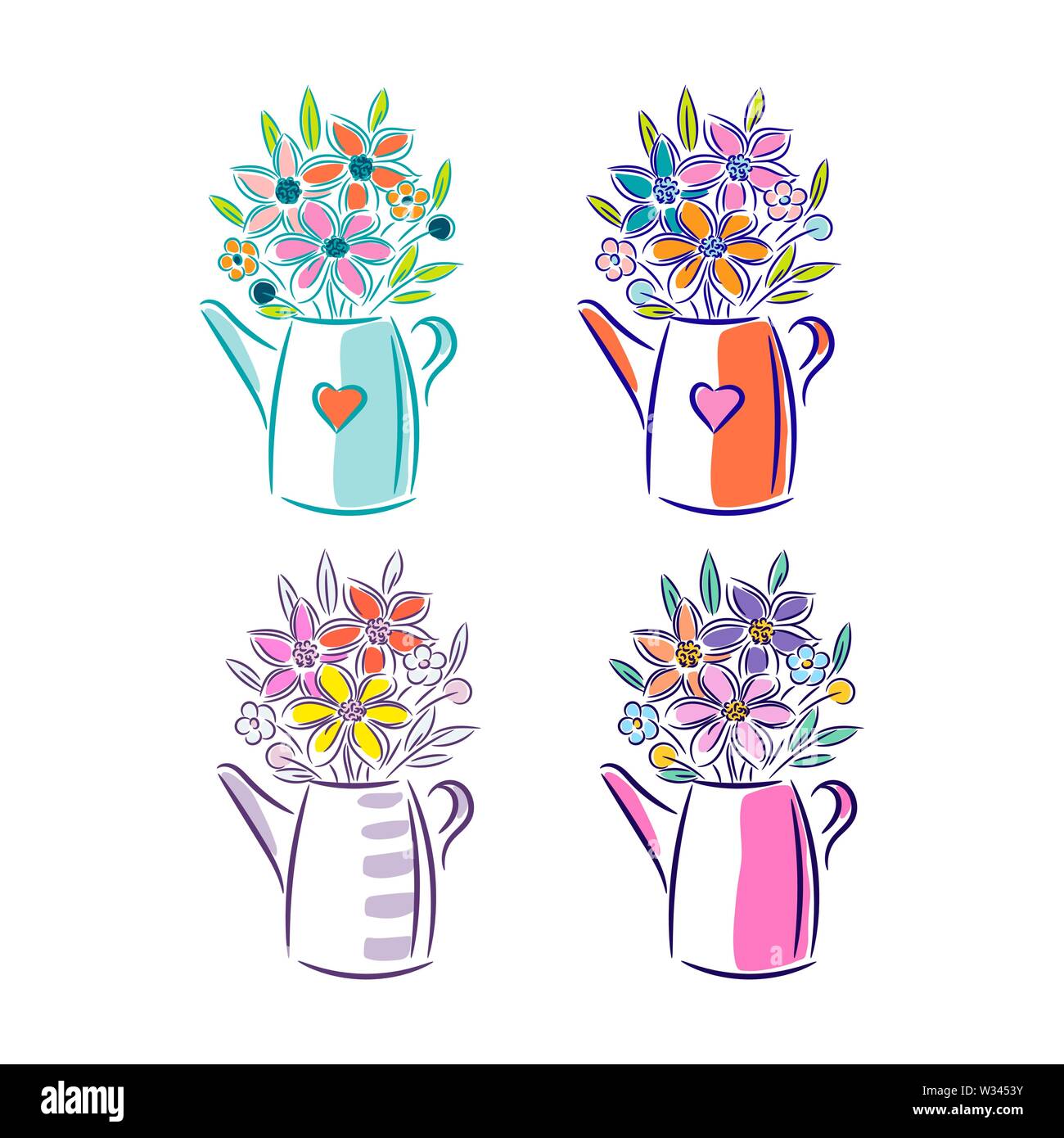 Bouquet de fleurs dans un arrosoir. Floral mignon illustration pour cartes postales isolé sur fond blanc. Illustration de Vecteur