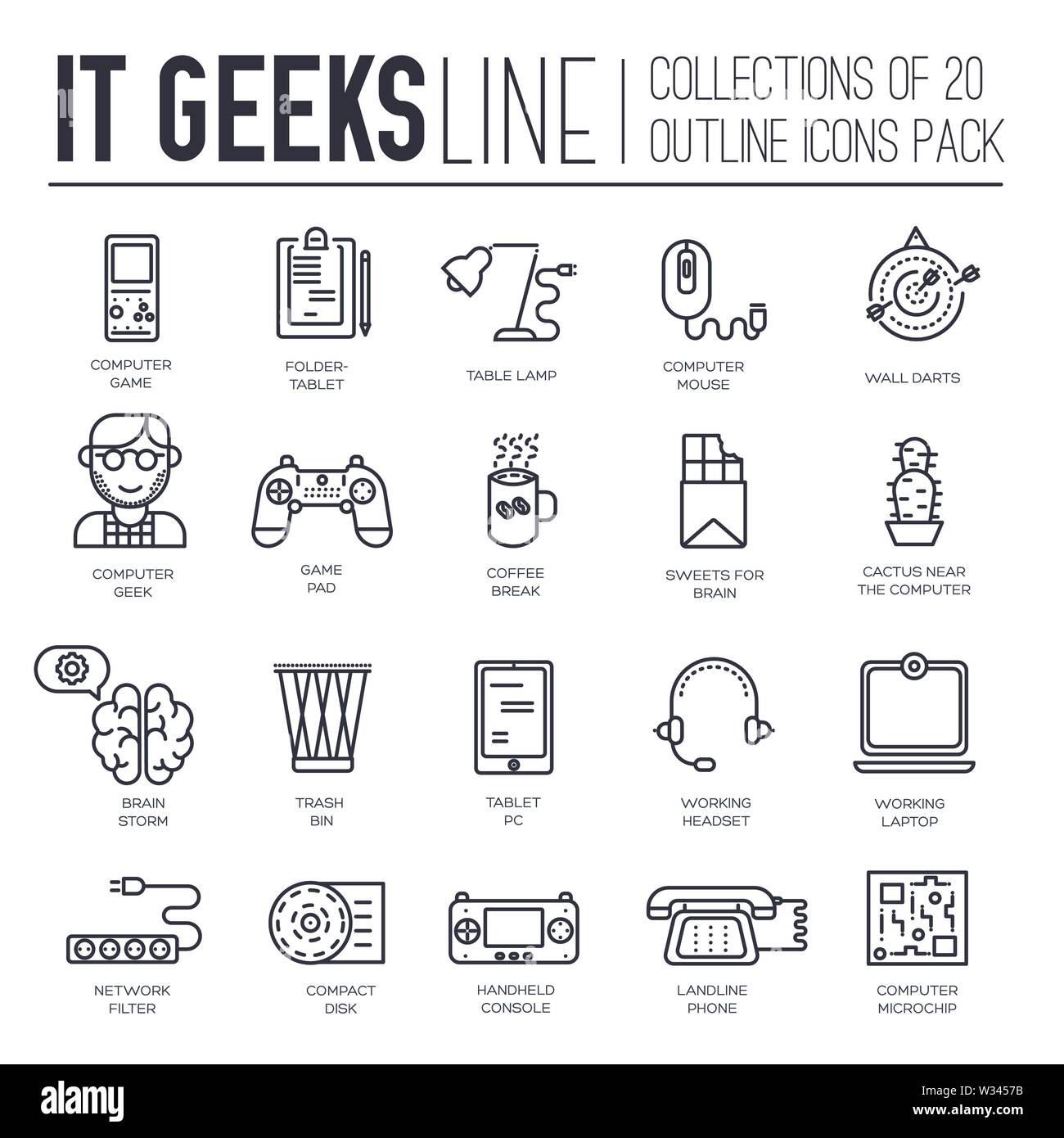 Ensemble de il geeks, gadgets, périphériques fine ligne d'icônes sur ...