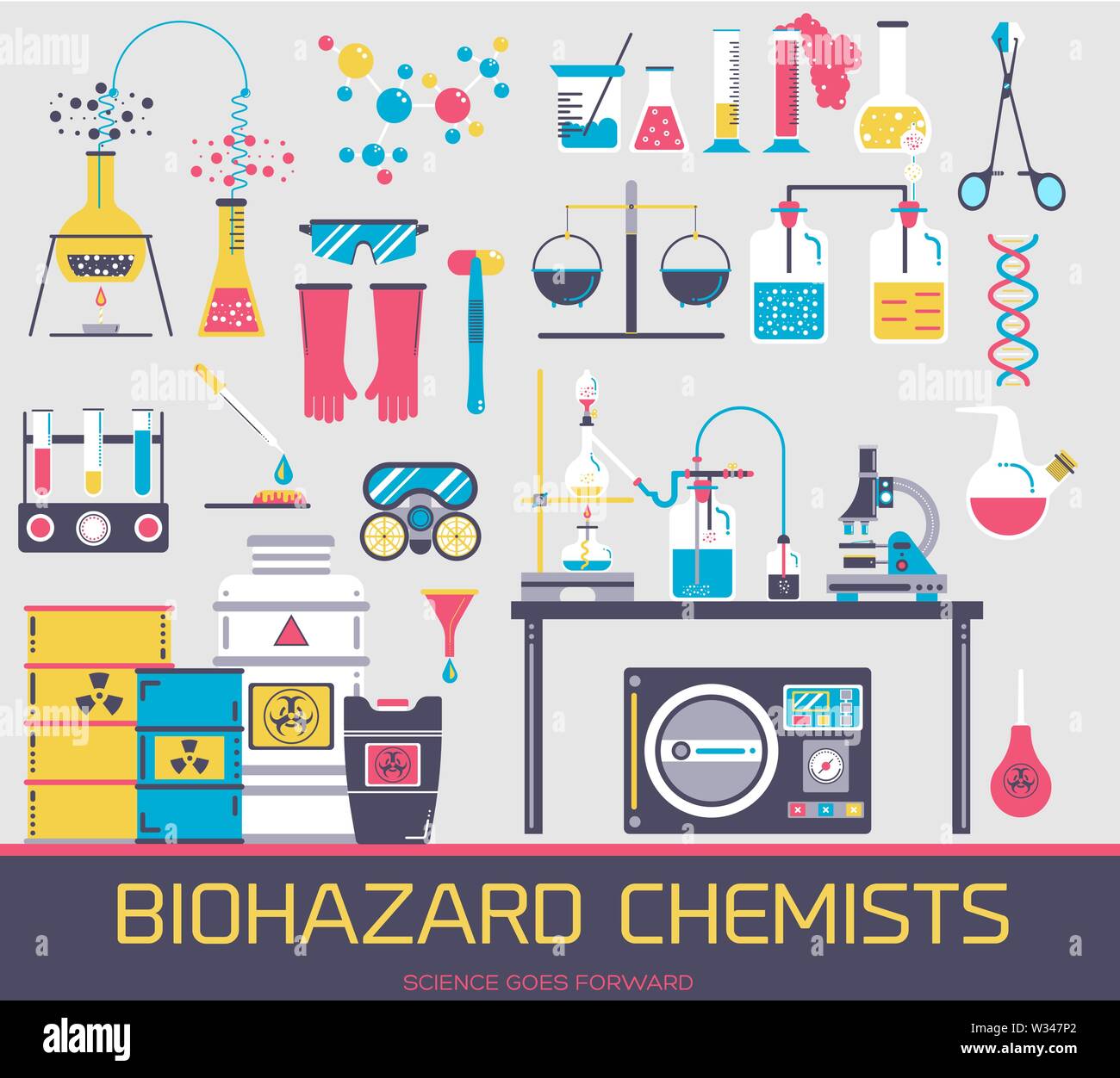 La fabrication d'agents chimiques à risque biologique clipart. Ensemble d'outils et de matériel de laboratoire scientifique télévision icônes, pictogrammes isolé sur gris. Medical Illustration de Vecteur