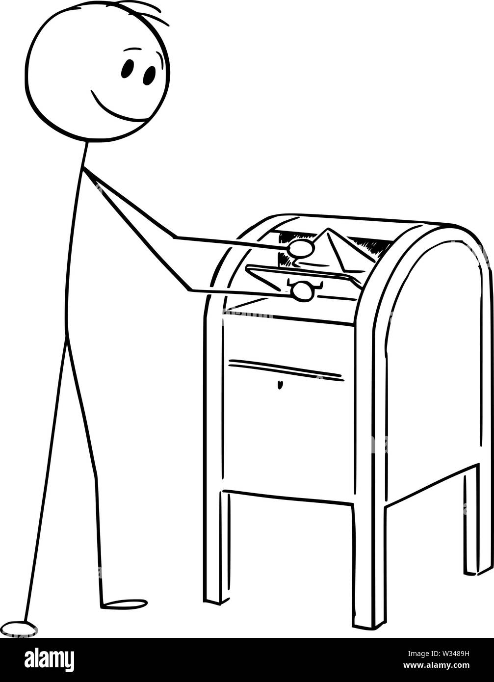 Vector cartoon stick figure dessin illustration conceptuelle de l'homme tomber lettre ou l'enveloppe dans la boîte de courrier électronique ou postal. Illustration de Vecteur